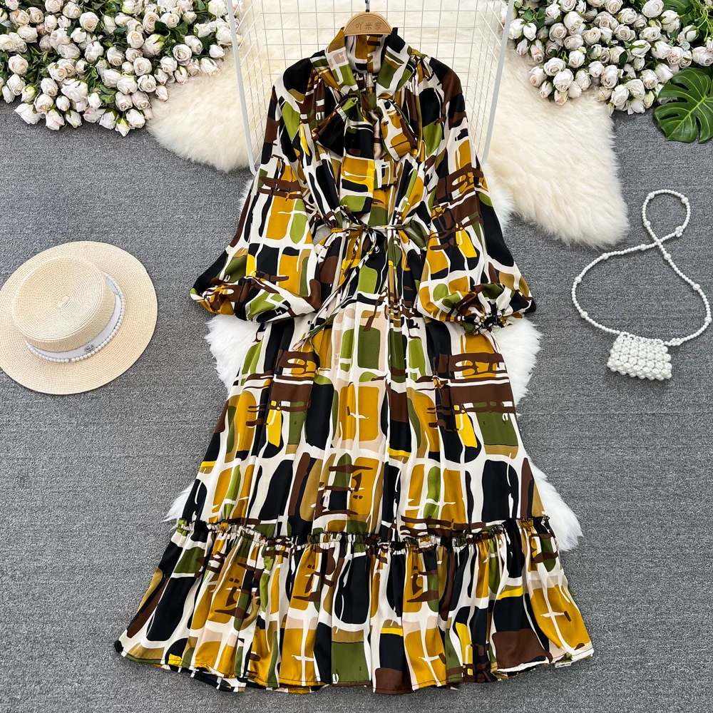 Spring Autumn Vintage Style Floral Print Dress Women Bow Tied Collar Lantern Sleeve Lace-up Slim Waist A Line Long Holiday Dress