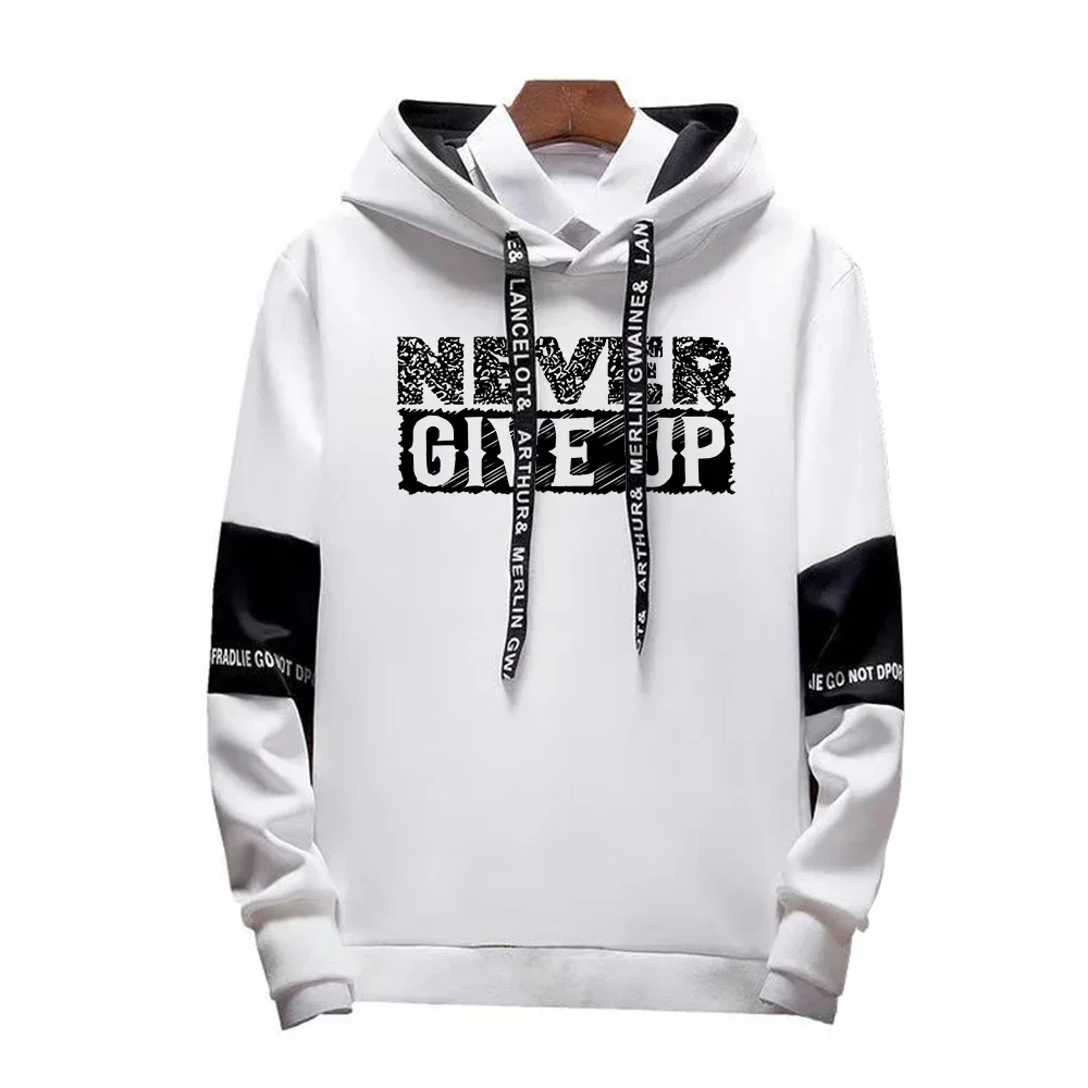 

Men's Hooded Tracksuit Never Give Up Print Stitching Color Hoodies Sportwear Leisure Fashion Streetwear Sweatshirt for Male