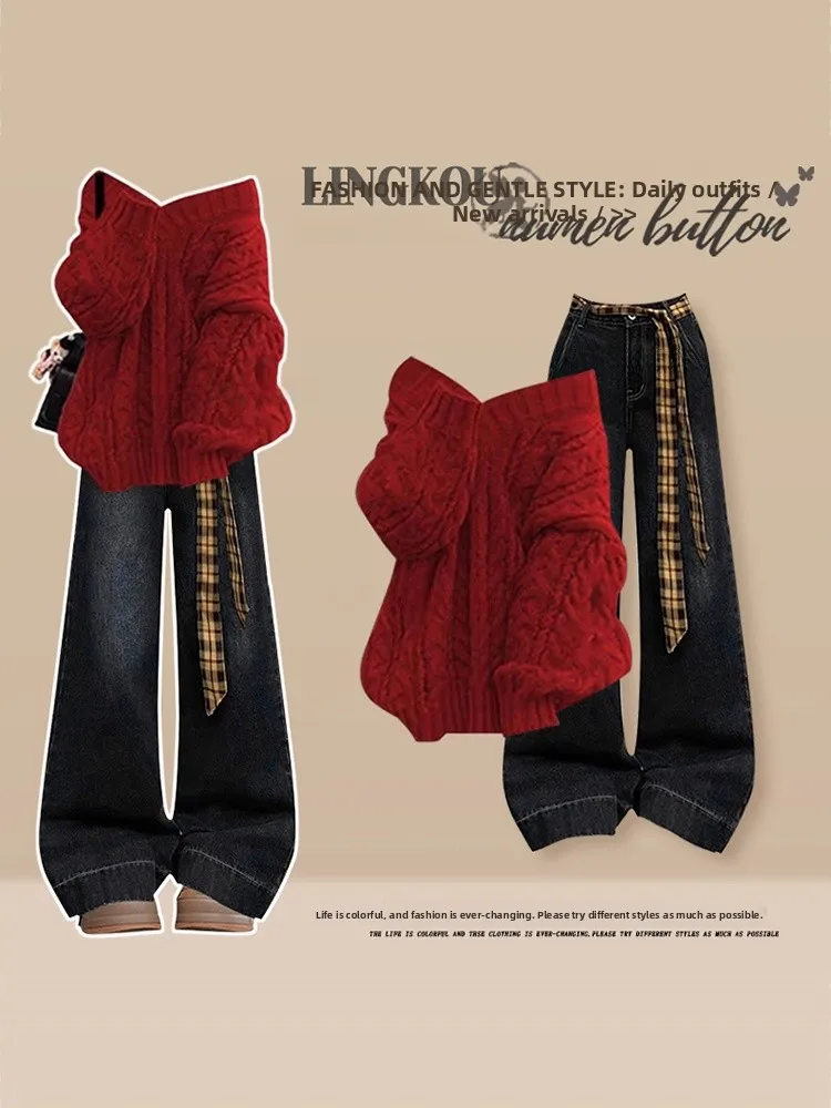 

Cisas Aosphere Large Size Knitted Sweater And Wide Leg Jeans Set for Women Casual Sle Two Piece Red New Year Suit