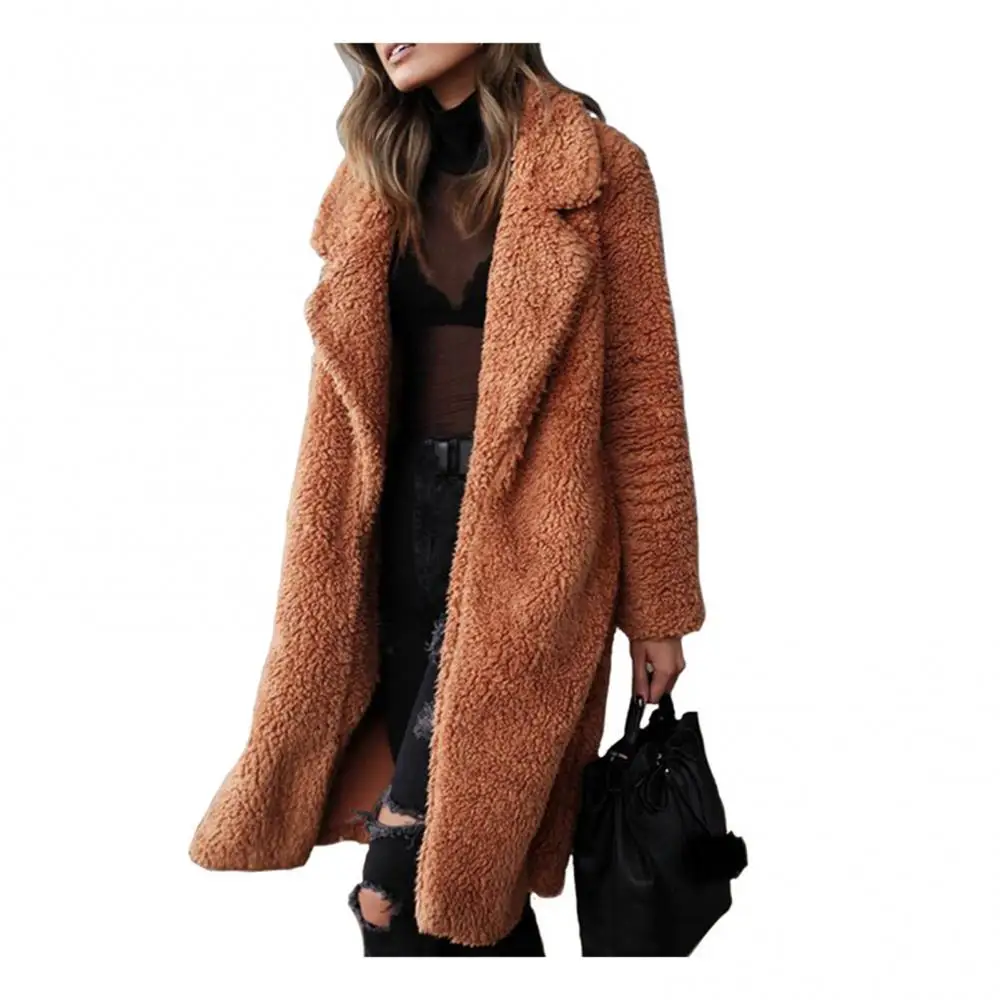 Women Winter Thicken Plush Lapel Solid Color Long Sleeve Warm Cardigan Midi Coat Winter Keeep Warm Overcoat Plush Woolen Jacket