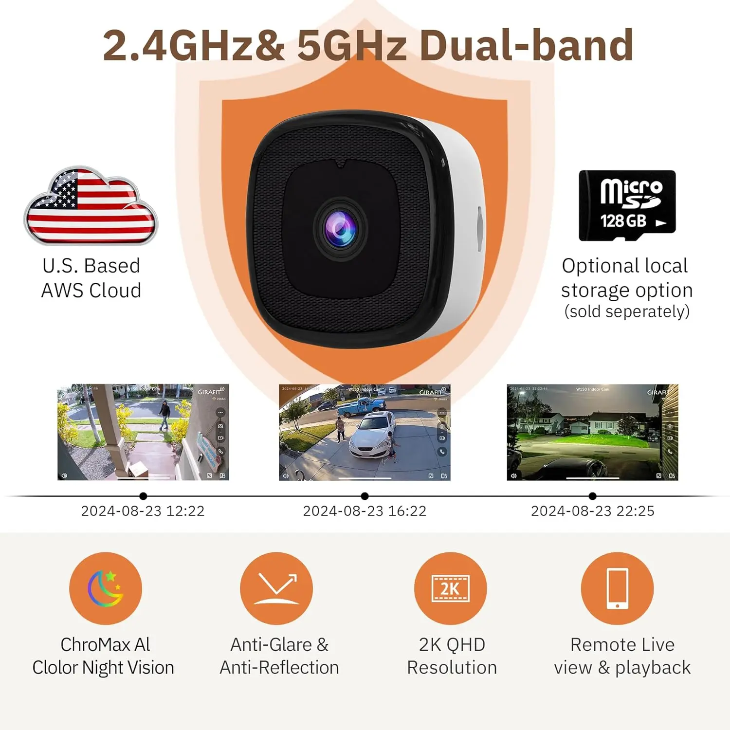 3MP 2K Indoor Security Camera, 2.4GHz/5GHz WiFi, Color Night Vision, Motion Detection, 24/7 Recording, Easy Install