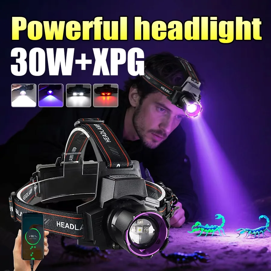 395nm UV Light HeadlampUltra Violet Purple Light & White Headlight Rechargeable & Zoomable for Detects Rock Hounds, Scorpions