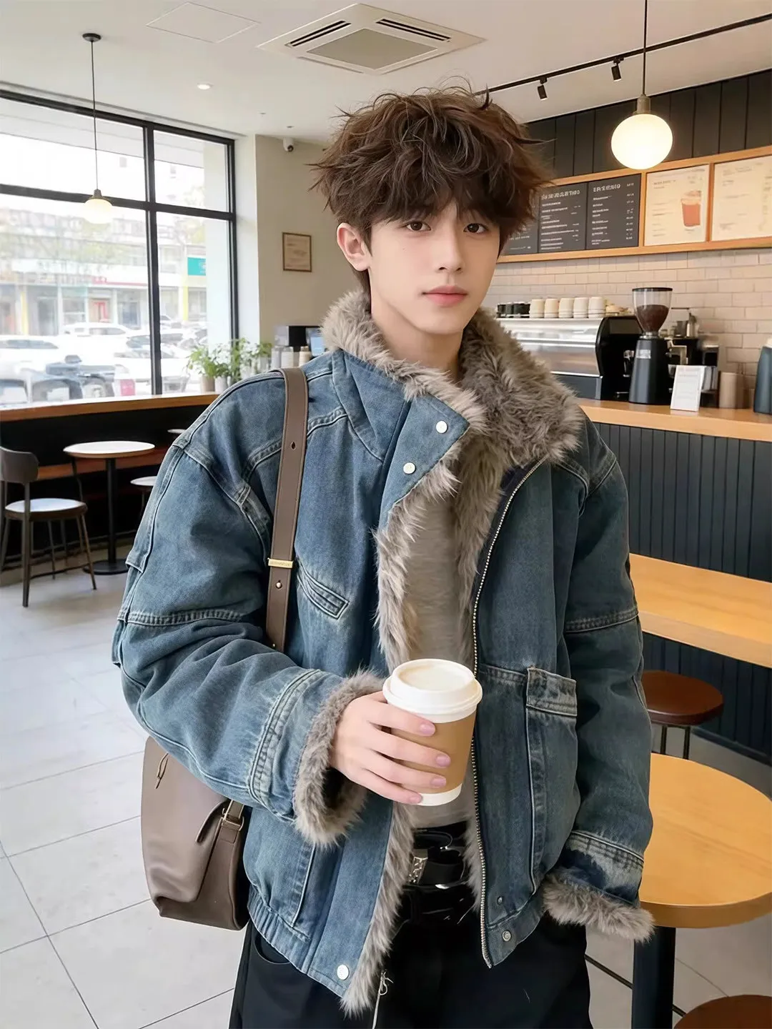 

Waed Blue Deconstructed Cotton Jaet Men's Winter Thiened Warm ort Sle Fur Collar Denim Coat Casual Cleanfit Sle