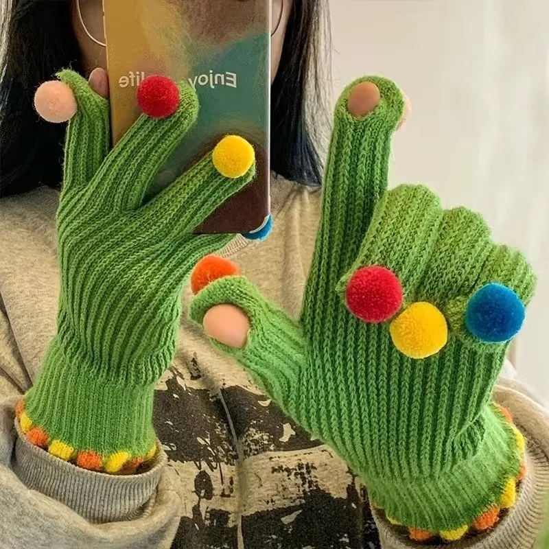 Color ball wool knitted gloves women winter cute small ball touch screen revealing fingers tokeep warm five finger cycling warm
