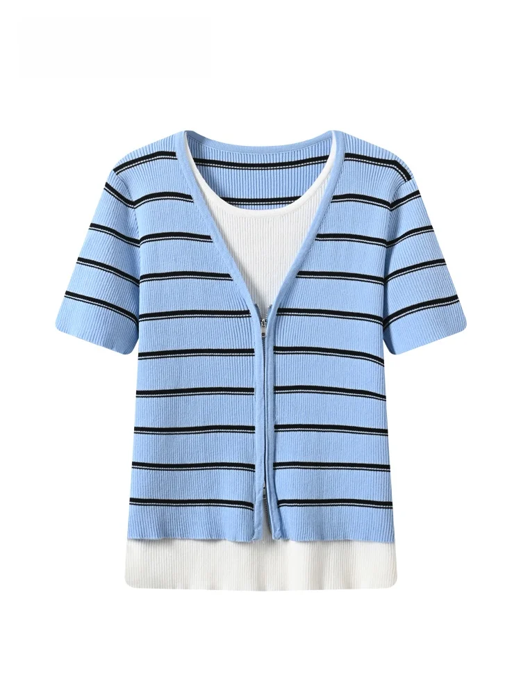 

Cara CLUB plus Size Short Sleeve T-Shirt Women's Casual Stripe Patchwork Fashionable Shoulder Top Spring New Style Casual Wind