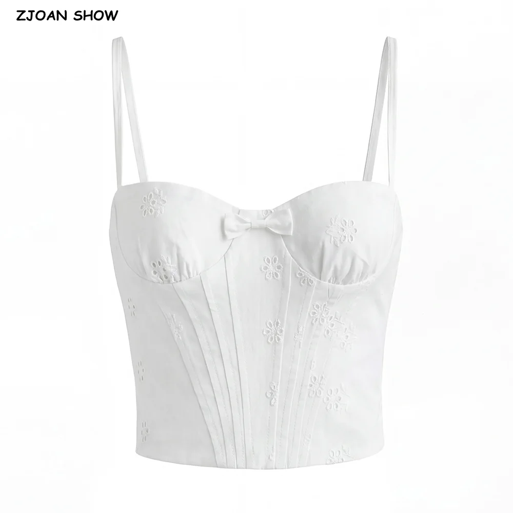 Sexy White Embroidery Hollow out Hole 3D Bow V Bra Camisole Camis Women Summer Zipper Back Tank Tops Girl Sexy Slim Crop Top