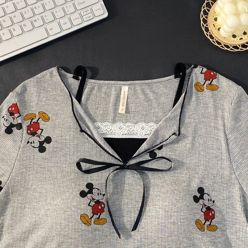 Disney Mickey Kawaii Pigiama Modale estivo Silhouette sottile con imbottitura sul petto Pantaloncini da casa casual Abbigliamento in due pezzi all'esterno