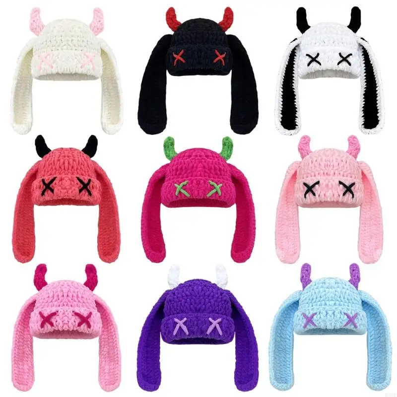 

B95F Elastic Knitted Plush Hat With Funny Devil Horn Long Ear Design Pullover Hat For Women Girl Birthday and Halloween Party