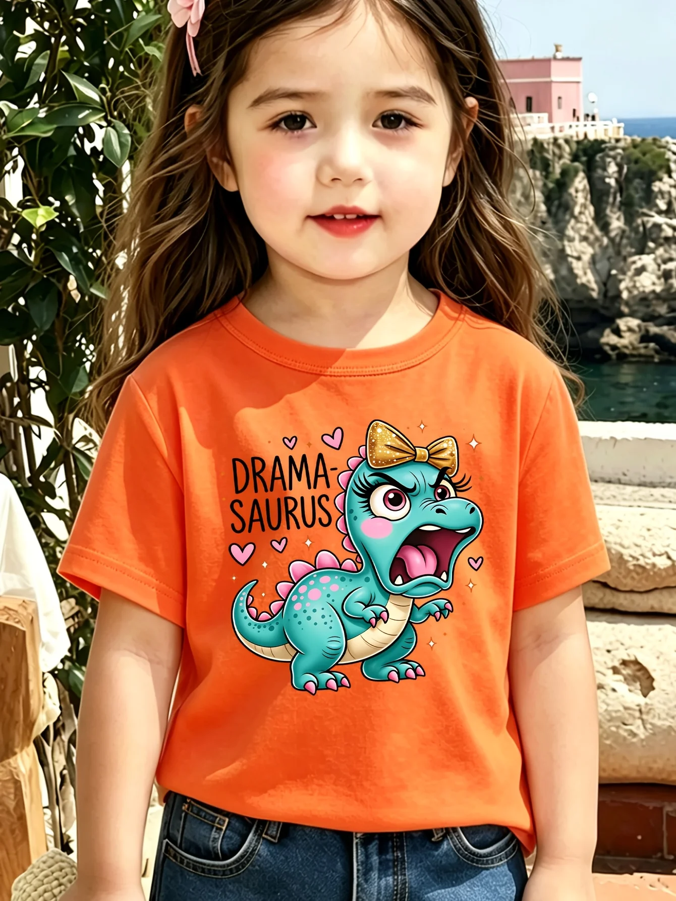 Children's Dramasaurus Letter and Dinosaur Print Fashionable Casual Comfortable T-shirt Cute Parent-child Round Neck T-shirt
