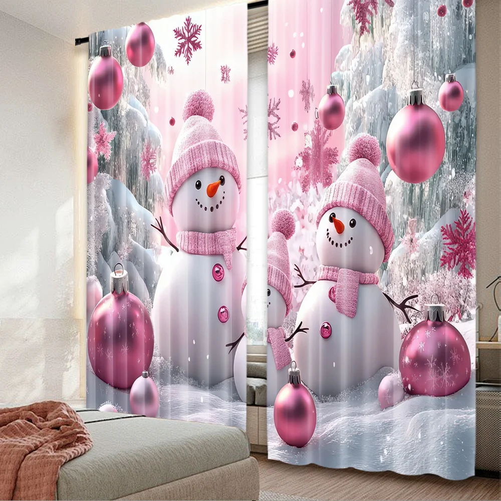 2 Stück 2D-Flachdruck-Weihnachtsfeier-Vorhänge SnowyPinkFamily Digitaldruck-Polyester-Vorhänge, lichtecht, festliche Wanddekoration