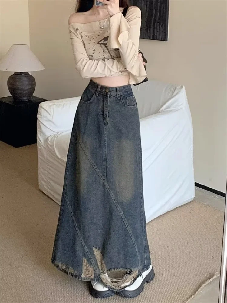 2024 New Retro Classic All-Match Vitality Casual Commuter Outing Tight Sexy White Irregular Women'S Long Denim Skirt Girl Cool