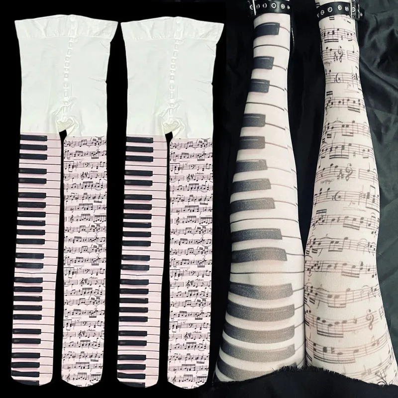 

Y2K Music Note Print Pantyhose Subculture Women Sexy Piano Stockings Thigh High Stocking Fashion Ultra Thin Black White Leggings