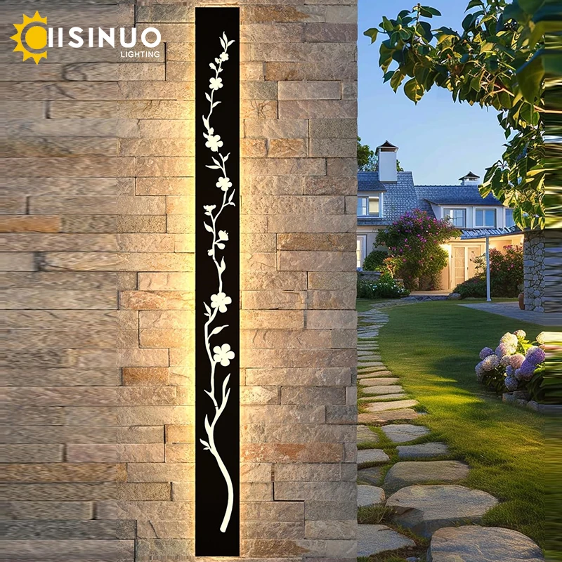 Long Black LED Wall Light IP67 Waterproof Porch Lamp Peach Flower Pattern Stainless Steel Rustproof Sconce for Villa Garden Deco