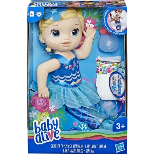 Baby Alive Mermaid Baby - Includes doll, removable top, detachable mermaid tail swimsuit bottom, feeding bottle, and a diaper.