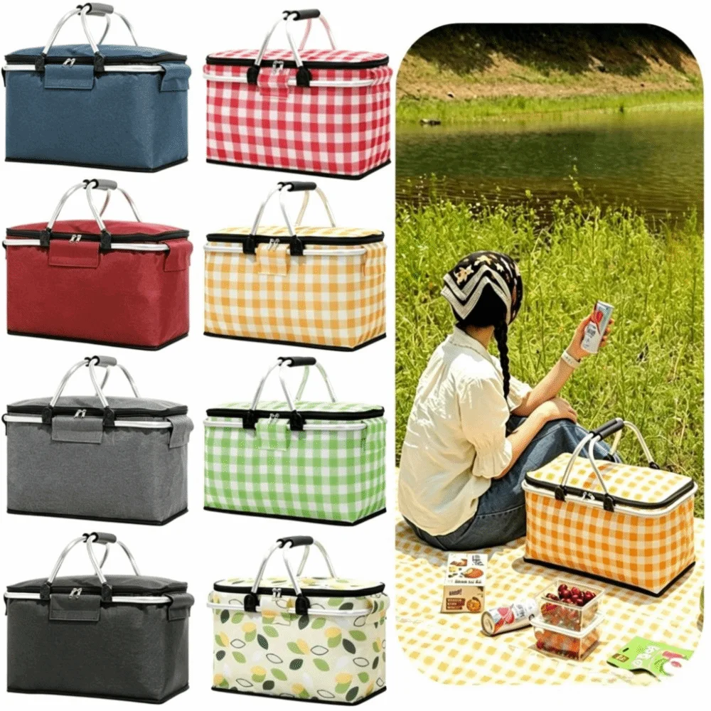 Large Capacity Insulated Picnic Basket Leak Proof Aluminum Foil Lining Thermal Lunch Bag Foldable Design Strong Metal Handle