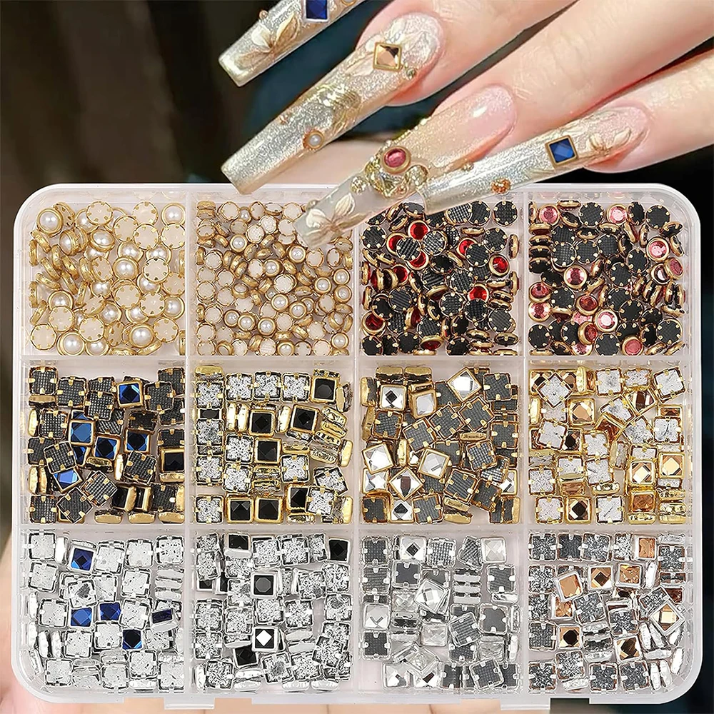 12 Colors Mixed Nail Crystal Gems for Manicure DIY Decorations 3D DIY Jewel Craft with Pearls Rhinestones Vintage Nail Art Charm