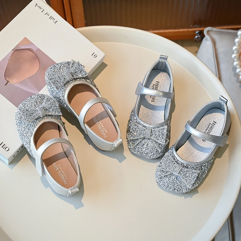 Toddler Girls Silver Glitter Bow Mary‑Jane Princess Shoes, Hook‑and‑Loop Strap Soft Flat Dress Shoes for Party Occasions