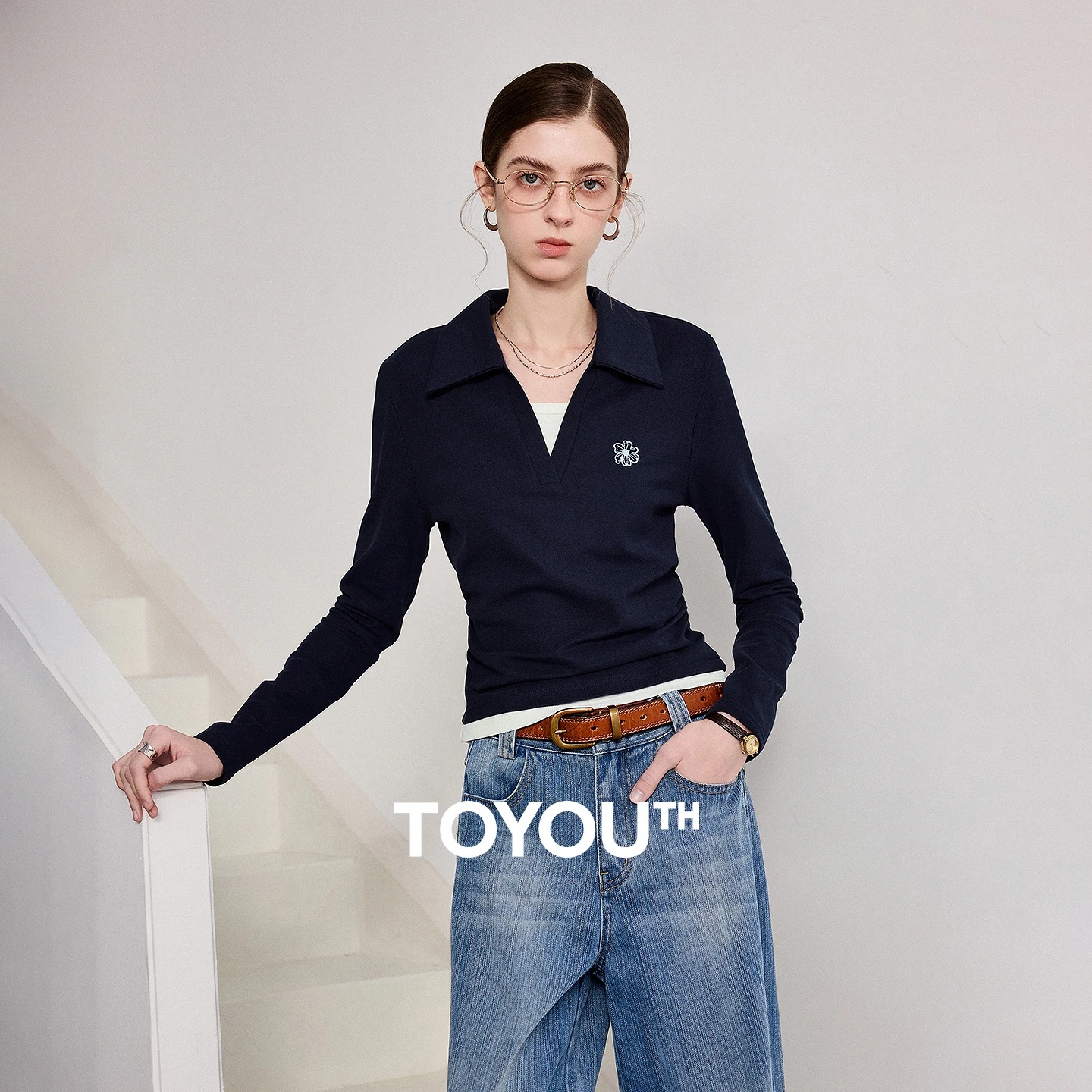 TOYOUTH Women Polo T-Shirt 2026 Spring New Contrast Color Fake Two-Piece Petite Waist-Slimming Slim Fit Top