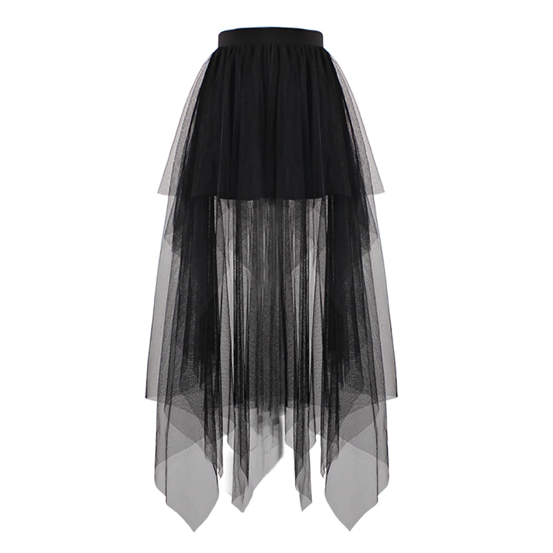 Gothic Black Front Short Back Long Asymmetrical Mesh Skirts Women Spring Summer High Elastic Waist Cool Streetwear Skirts