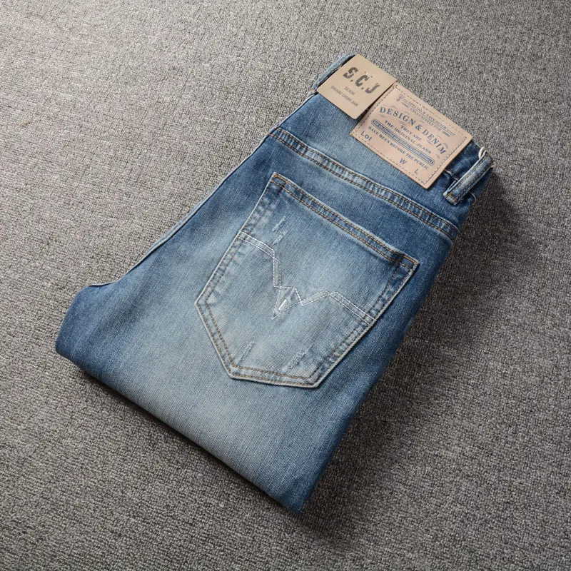 Newly Designer Fashion Men Jeans Retro Blue Elastic Slim Fit Ripped Jeans Men High Quality Vintage Trousers Denim Pants Hombre