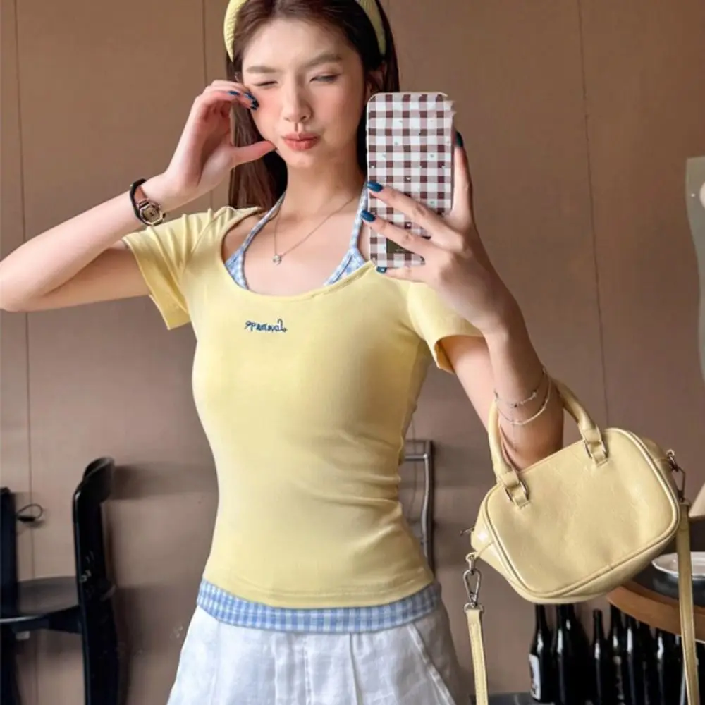 

Comfortable Blue Grid Long Sleeve T-shirt Simple Undershirt Slim Thin Pullover Bottoming Shirt Lace Crop Top Women Y2k Spring