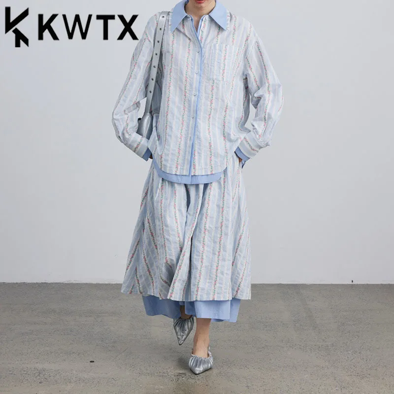 

KWTX 2025 Spring Summer Women's 2 Piece Set False Two Piece Floral Embroidered Blouse and Tiered Skirt Striped High Quality