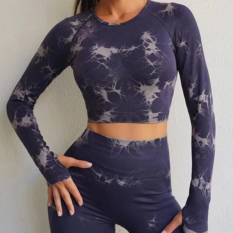 2025 New Die Dye Color Woman Sports Set Long Sleeves T shirt Crop Top High Waist Hip Lifted Yoga Leggings Workout Outfits 2pcs
