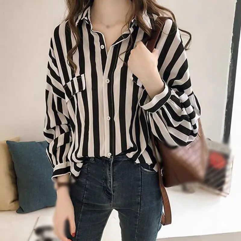 Striped Lapel Loose Casual Versatile Chiffon Long Sleeved Shirts For Summer Sun Protection Thin Jacket Tops