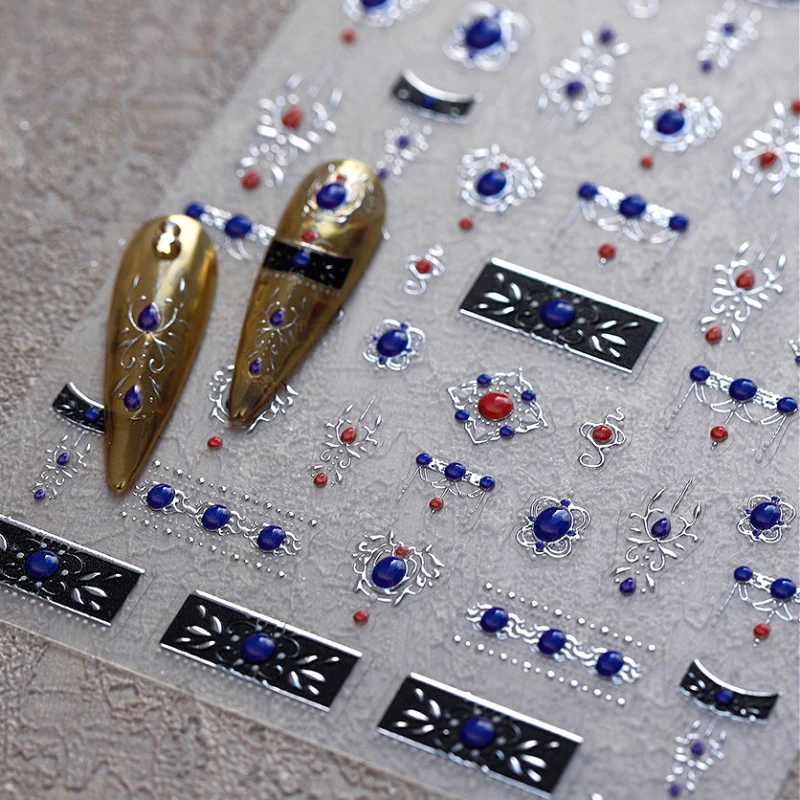 Ethnic Style Silver Stamped Totem Blue Red Gem Design Retro 3D Self-Adhesive Nail Sticker Chinese Style Manicure Decal Wholesale