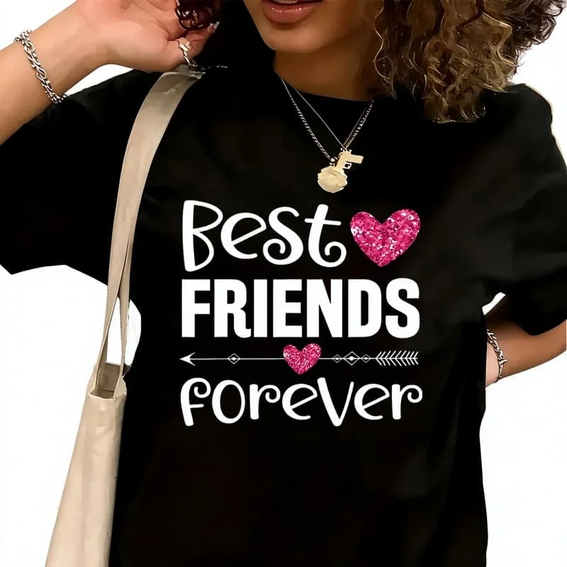 Best Friends Forever Pink Heart Women's T-Shirt 100% Cotton Funny Graphic Short Sleeve Tee Novelty Shirt Casual Crew Neck Top S-5XL