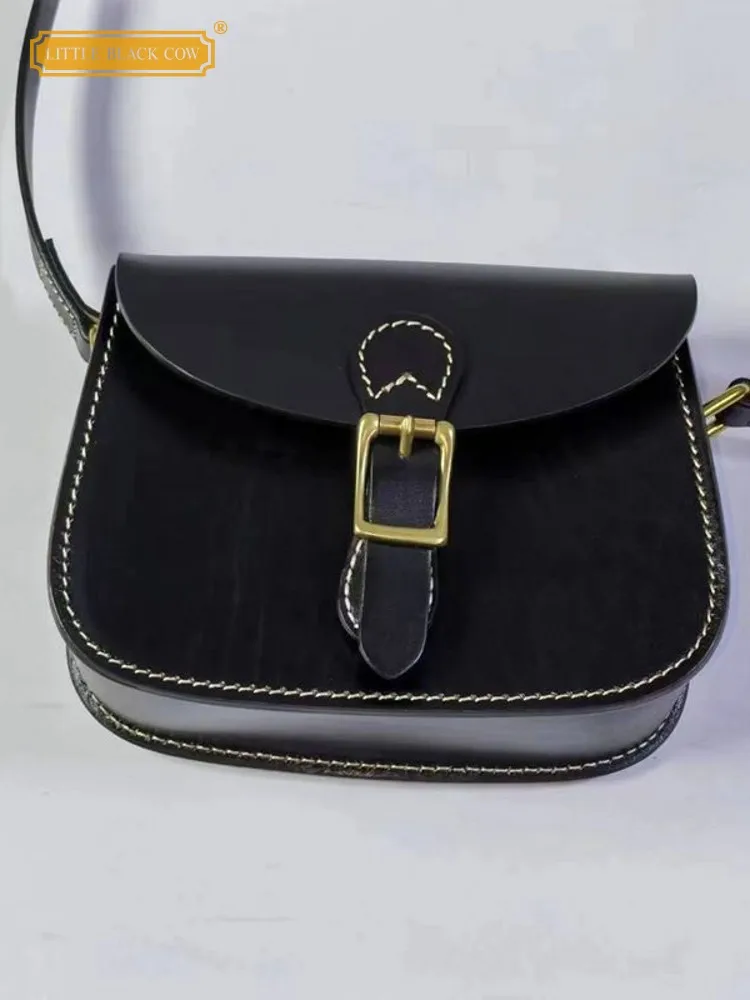 

Women Cowhide Genuine Leather Shoulder Bag Hasp Flap Ladies Casual Strap Crossbody Bag Small Pouch Vintage Sling Saddle Bag