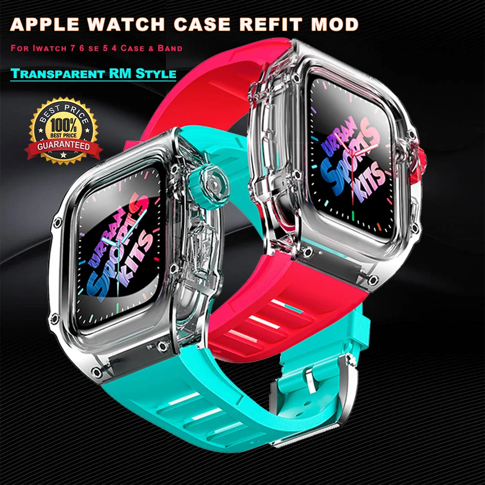 Transparent RM Modification Set Mod Kit Cover Case Band For Apple Watch Series 8 7 6 5 4 SE 45MM 44MM Rubber Sports Watchband