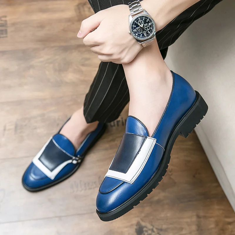 

Luxury Blue Elegant Leather Shoes Men Large Size 48 Brand Handmade Men's Loafers Casual Designer Oxfords Men Flats Dress Shoes