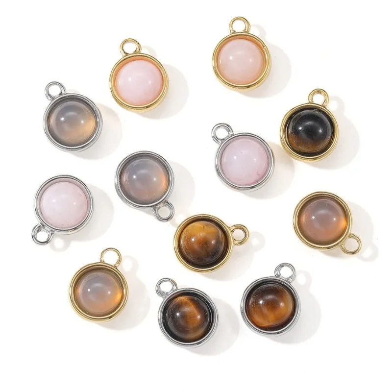 6pcs Simple Round Slice Agate Stone Pendant 14K Gold Silver Stainless Steel Quartz Charm for DIY Jewelry Making