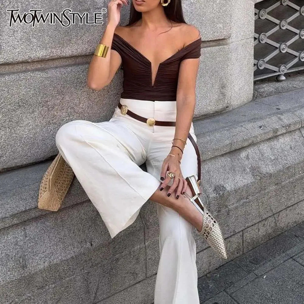 

TWOTWINSTYLE Solid Patchwork Folds Bodysuit for Women V Neck Off The Shoulder Slimming High Waist Sexy Backless Playsuit Female