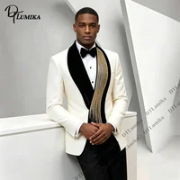 Costume de smoking asymétrique perlé à revers, 2 pièces, avec blazer à franges dorées et pantalon, pour mariage, marié, bal de promo, dîner formel, tailles XXS-7XL 4