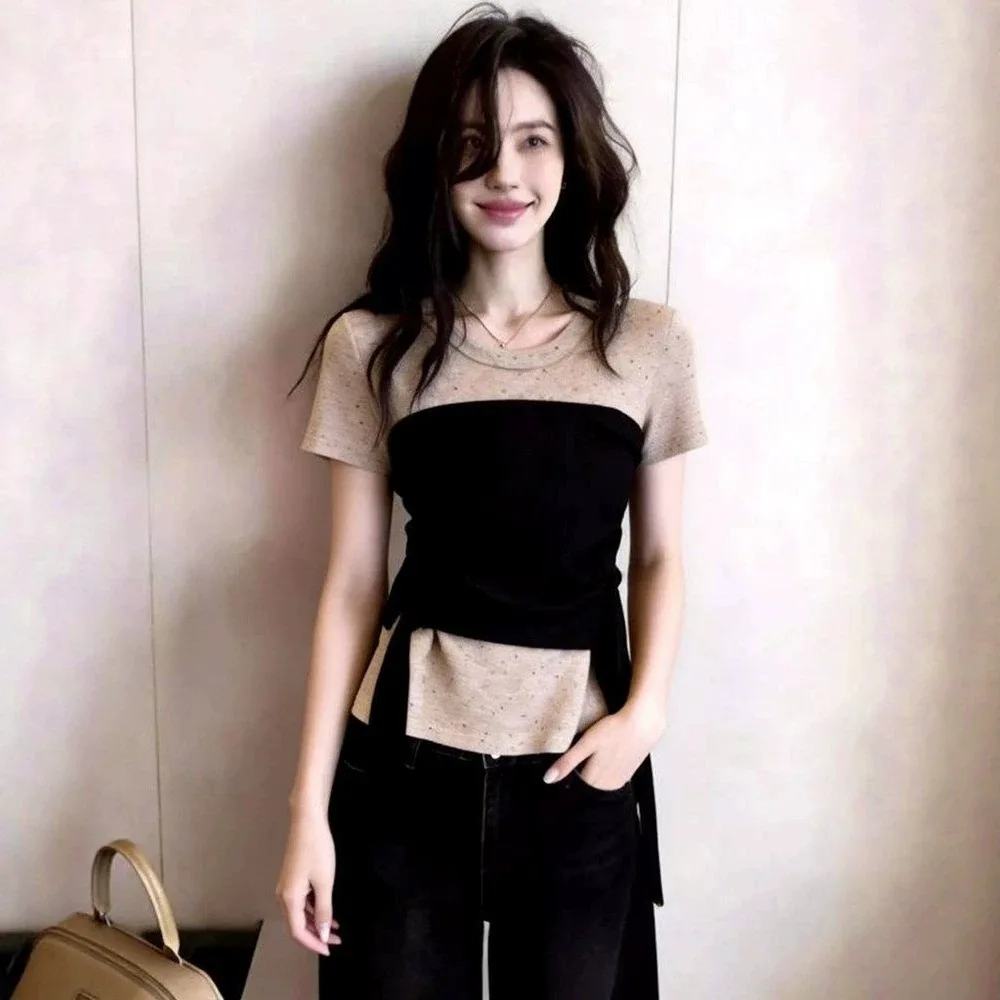 Summer New Women's Clothing Contrasting Color Girl Style French Slim-fit Splicing Round Neck Short-sleeved T-shirt