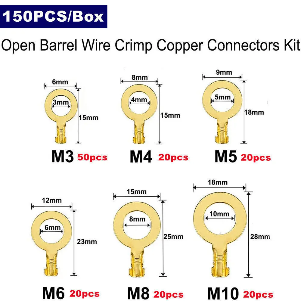 150pcs/set Round Terminal Block DJ431 O-type Lugs Terminals Cold-Pressed Connector Copper Tab Wiring Nose Combination Set New