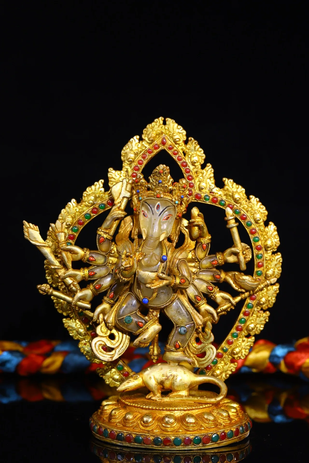 

10"Tibetan Temple Collection Old Crystal Tibetan Silver Outline in gold Mosaic Gem 12 Arms Ganesha Buddha Backlight Worship Hall