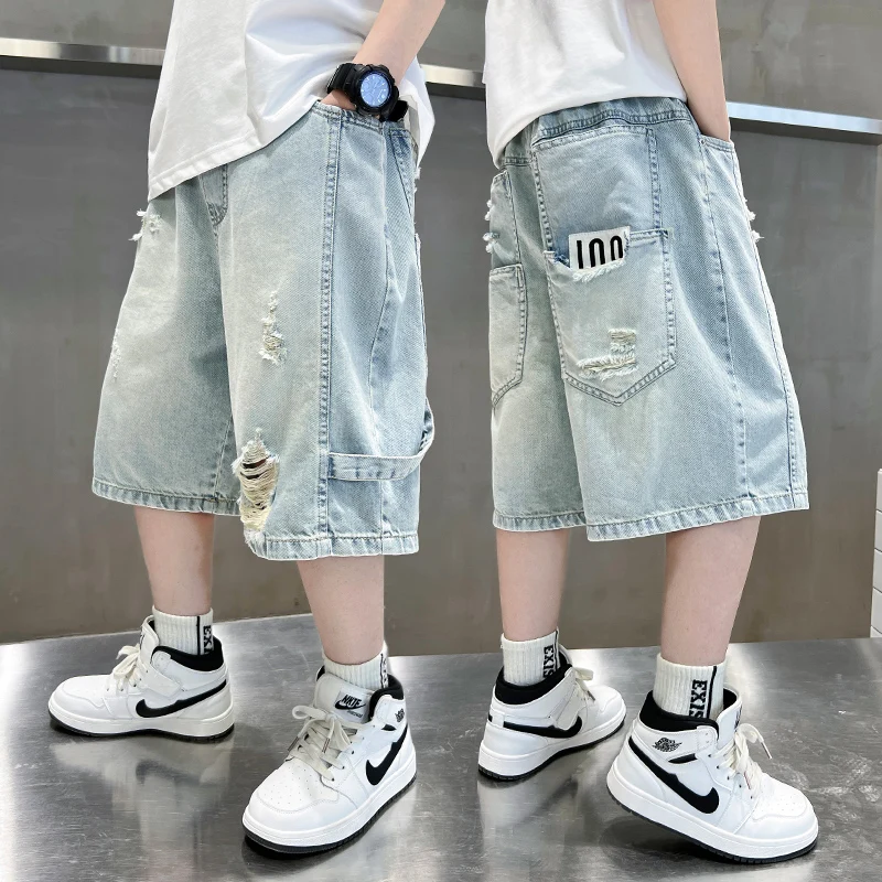 Boy Luxury Clothes Summer Ripped Denim Shorts Kids Casual y2k Popular Capris Baggy Jeans Shorts Child High Street Fashion Shorts