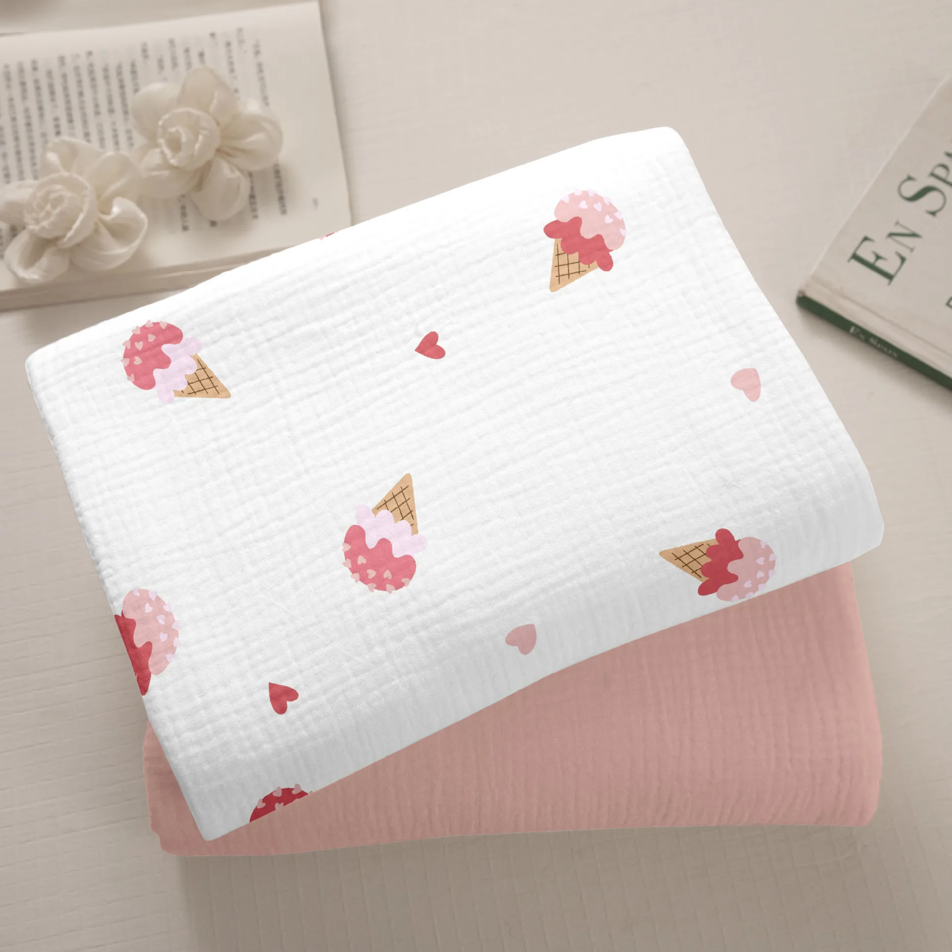 Tela crepé de gasa de doble capa con estampado de helado rosa, accesorios de tela de costura, Material de tela de algodón para ropa, 160x50cm