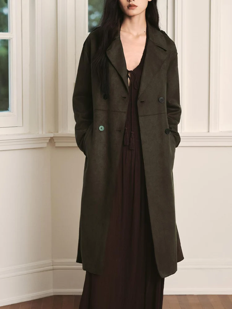 

European and American style 2025 autumn new arrivals women's clothing versatile faux suede effect long trench coat