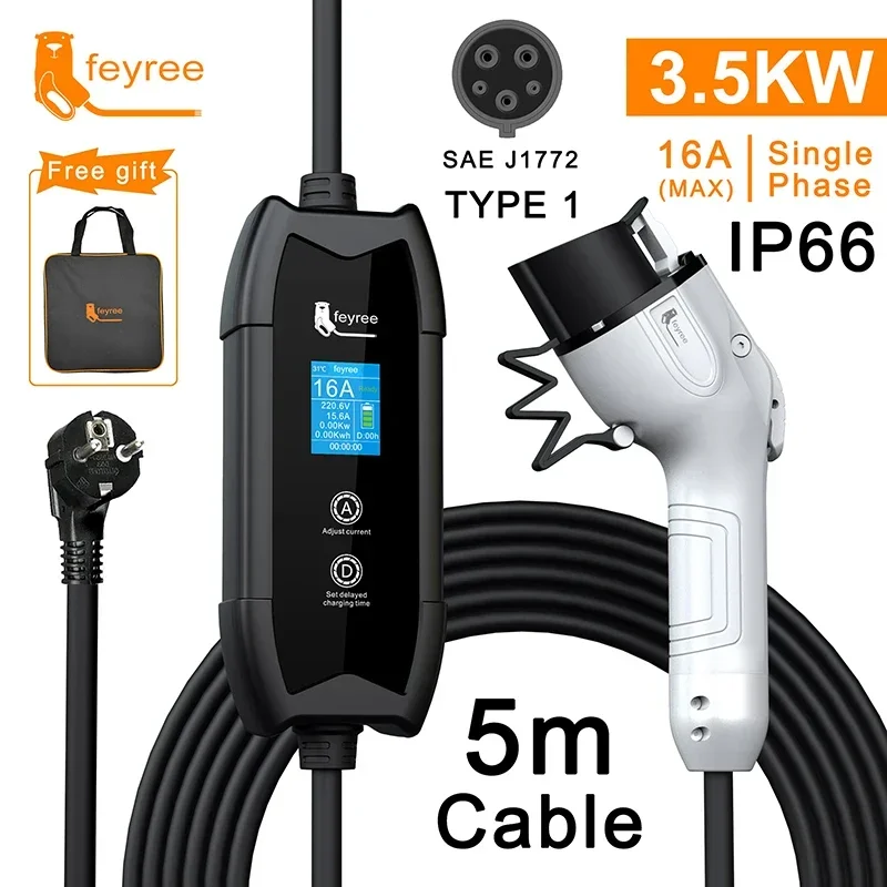 feyree EV Charger Portable Type2 16A 3.5KW Single Phase Adjust Current and Set Delay Time with Schuko Plug for Electric Vehicle