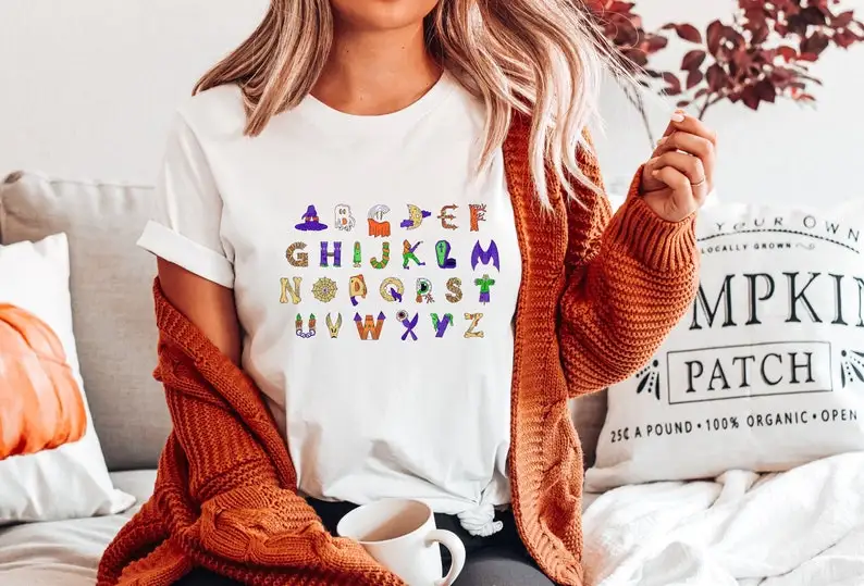 Halloween Alphabet Shirt For Teachers, Teacher Costume Tshirt for School Classroom Fall Autumn Party 100% cotton Drop Shipping