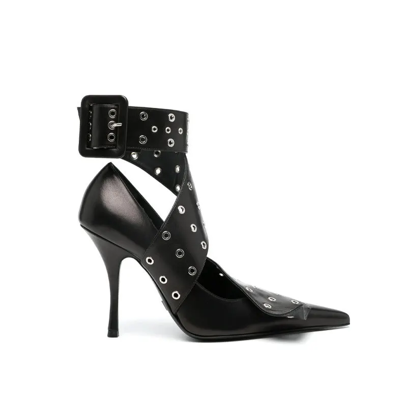 

Stiletto Heeled Hollow Straps Sandals Black Soft Leather Comfortable Pumps Pointed Toe Sexy Ladies' Large Size Shoes