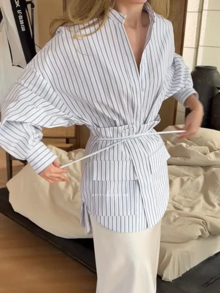 

Женская шикарная повседневная рубашка в полоску с завязками, круглым вырезом, длинным рукавом, на пуговицах, с карманами, весна 2026, новая коллекция, для офиса и улицы