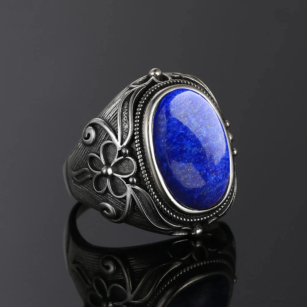 High Quality Silver Plated Ring Natural 11x17MM Oval Lapis Rings for Men Women Party Anniversary Gift Fine Jewelry