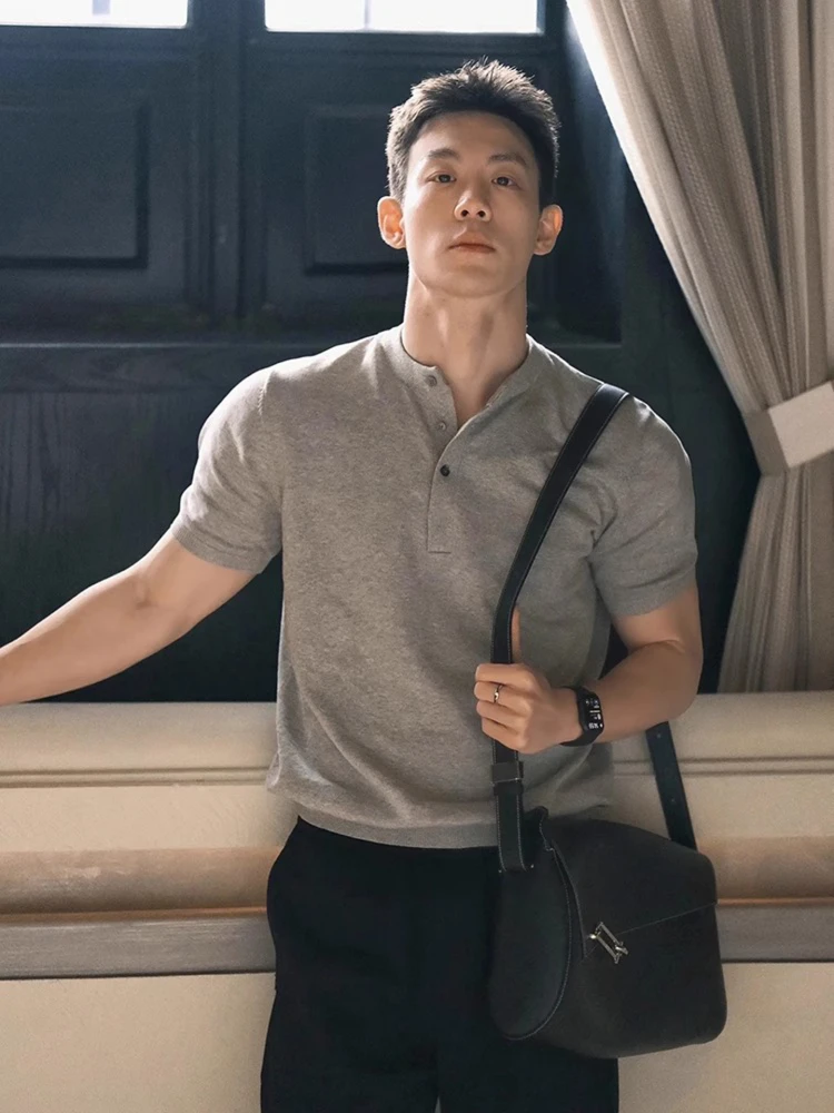 

Мужская летняя футболка Henry Collar с коротким рукавом, американского кроя, подчеркивающая мускулатуру, дышащая, свободного кроя