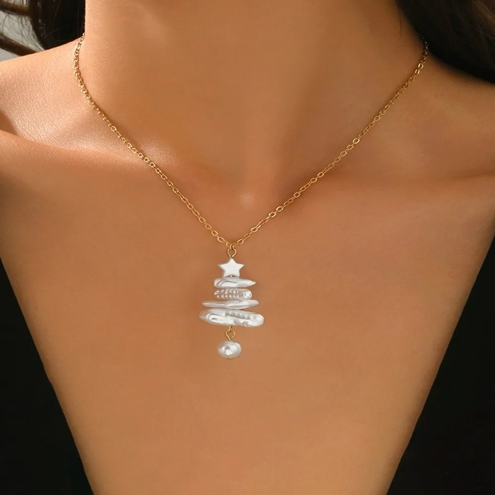 Office Vintage Faux Pearl Jewelry Stacked Charming Christmas Tree Necklace Elegant Unique Dangle Pendant Earrings Daily Wear