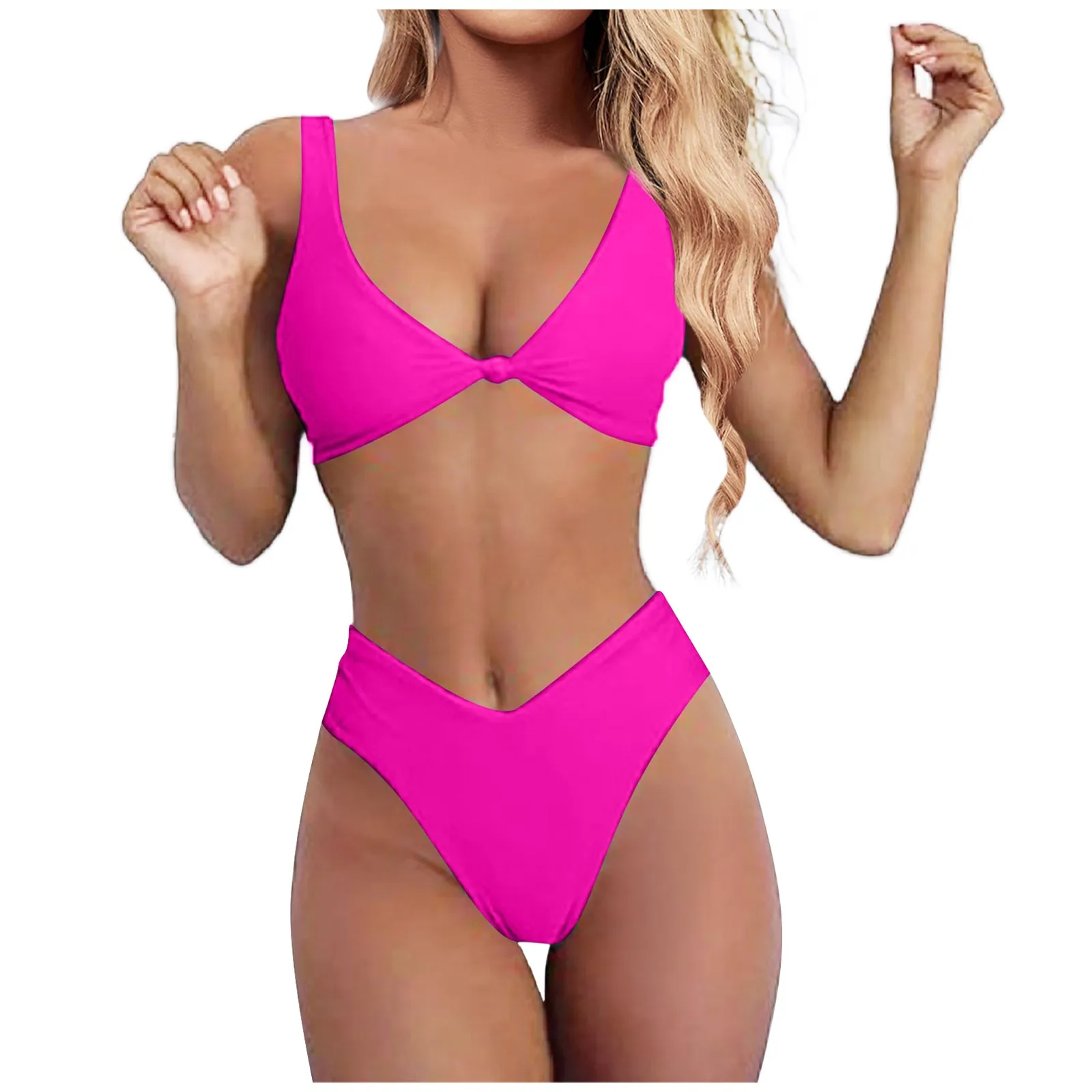 

Girls Swimsuits with Padding Bikini Set For Women Solid V Neck Knot Front Push Up High Leg Thong Two Piece Womens Swimming Suit